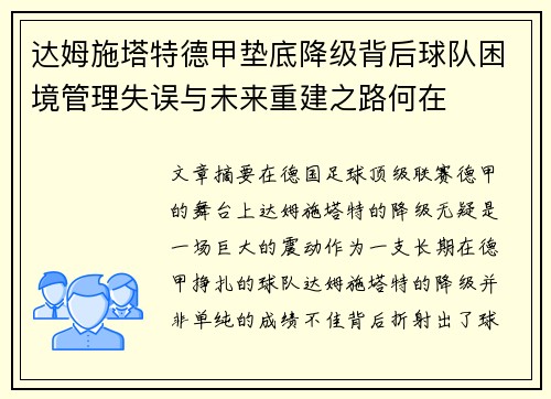 达姆施塔特德甲垫底降级背后球队困境管理失误与未来重建之路何在